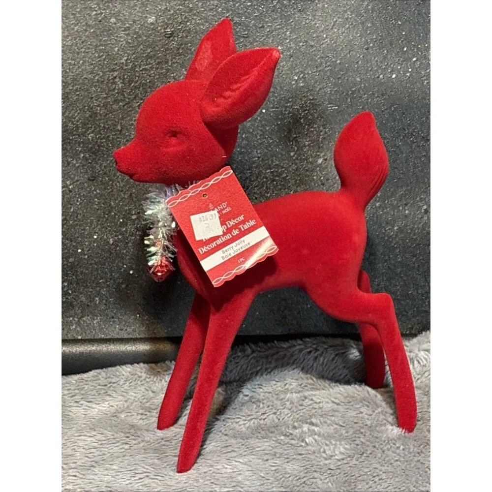 NWT Ashland Red Flocked Tabletop Deer Christmas Holiday 11.5” Velvet Soft Decor